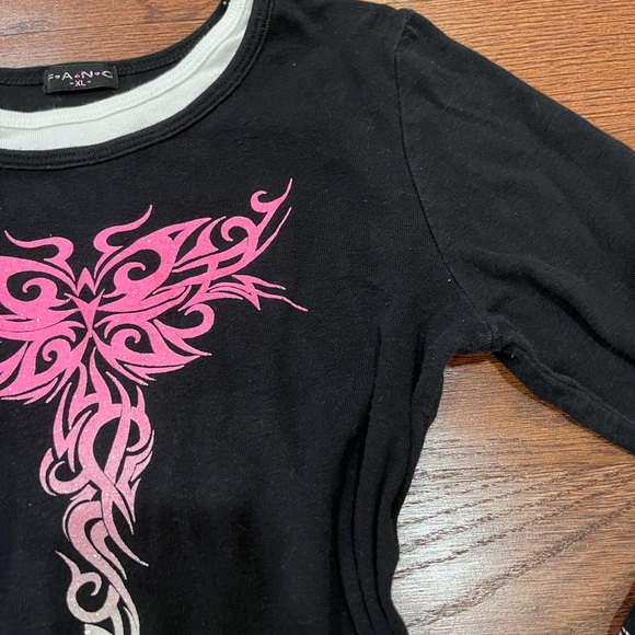 Vintage Y2k Black & Pink Graphic Long Sleeve Top Indie Cyber Scene Grunge 90s - Picture 2 of 14